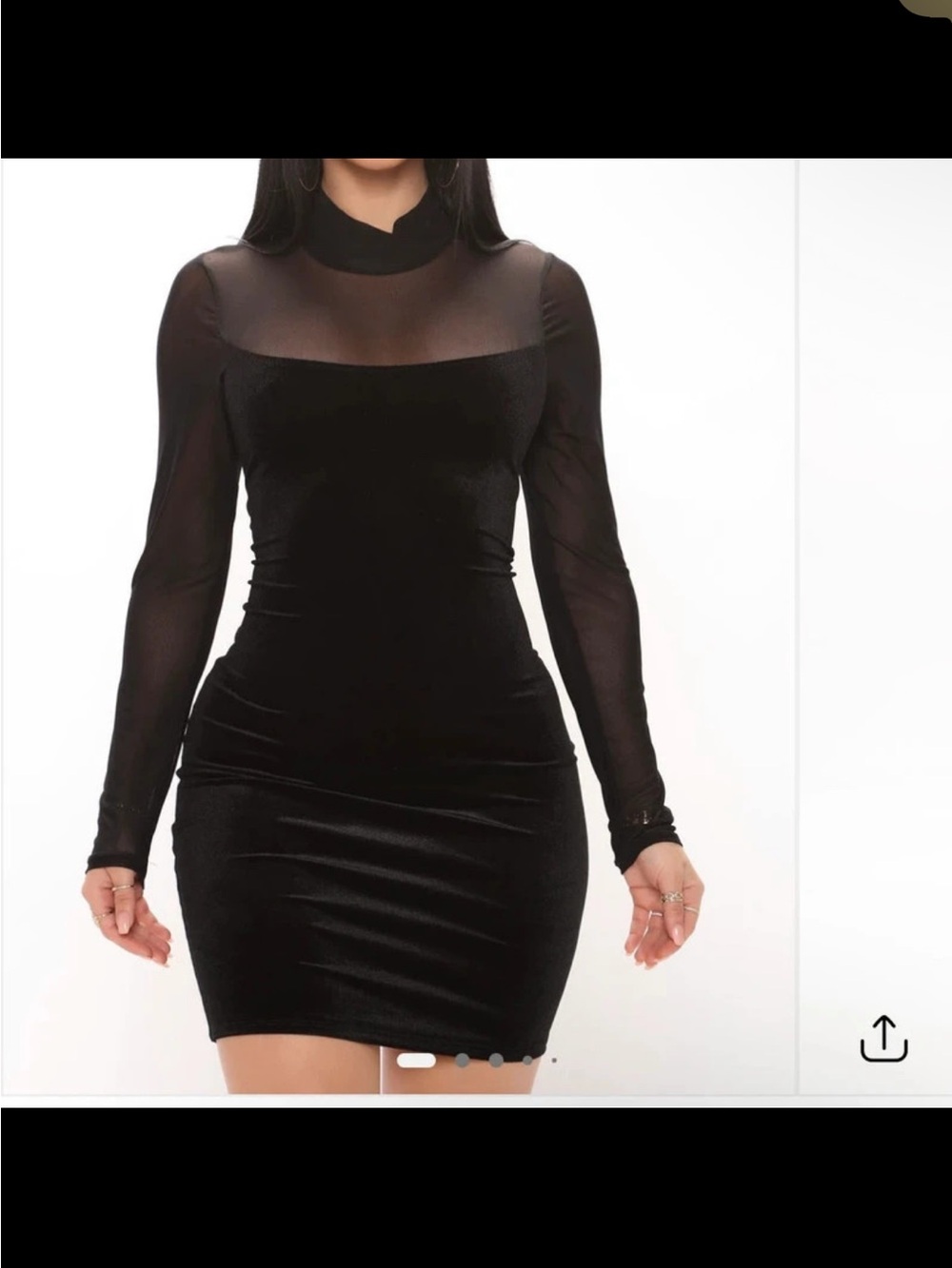 Fashion Nova Black Sheer-Yoke Long Sleeve Bodycon Dress
